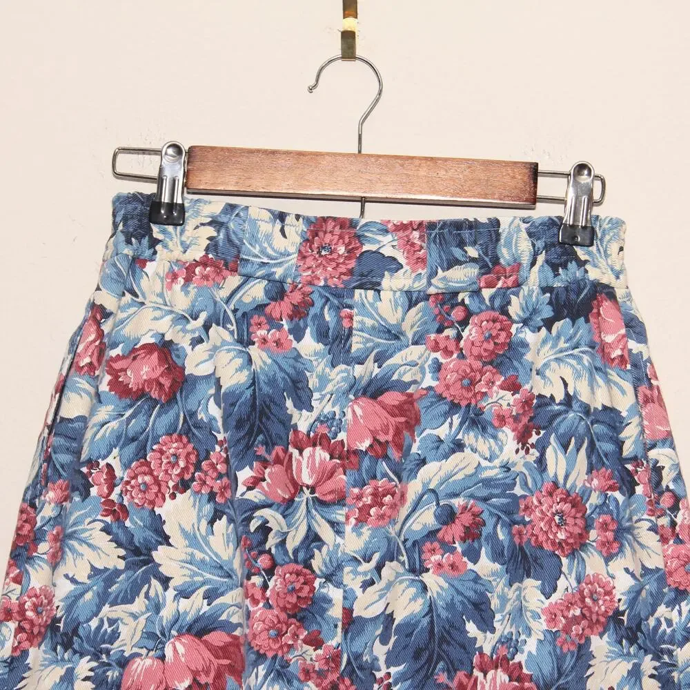Vintage Norm Thompson Floral Denim Pencil Skirt Size 10 Midi/Maxi Made in USA